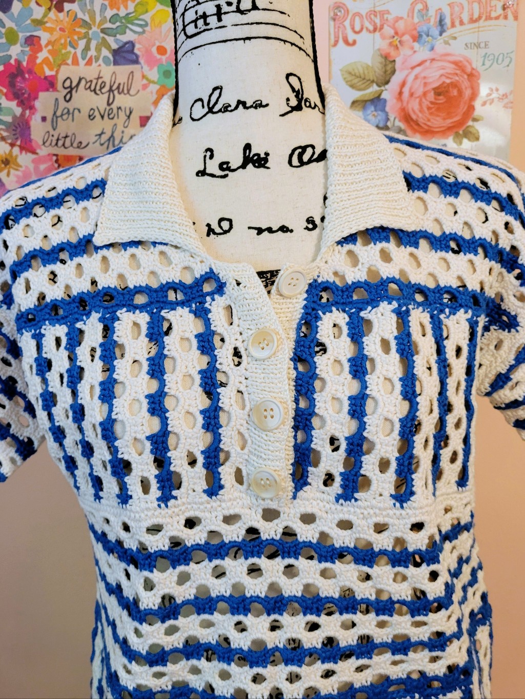 Nwt Proche Open Crochet Polo Knit Top In White And Blue, Small — image 7 of 8